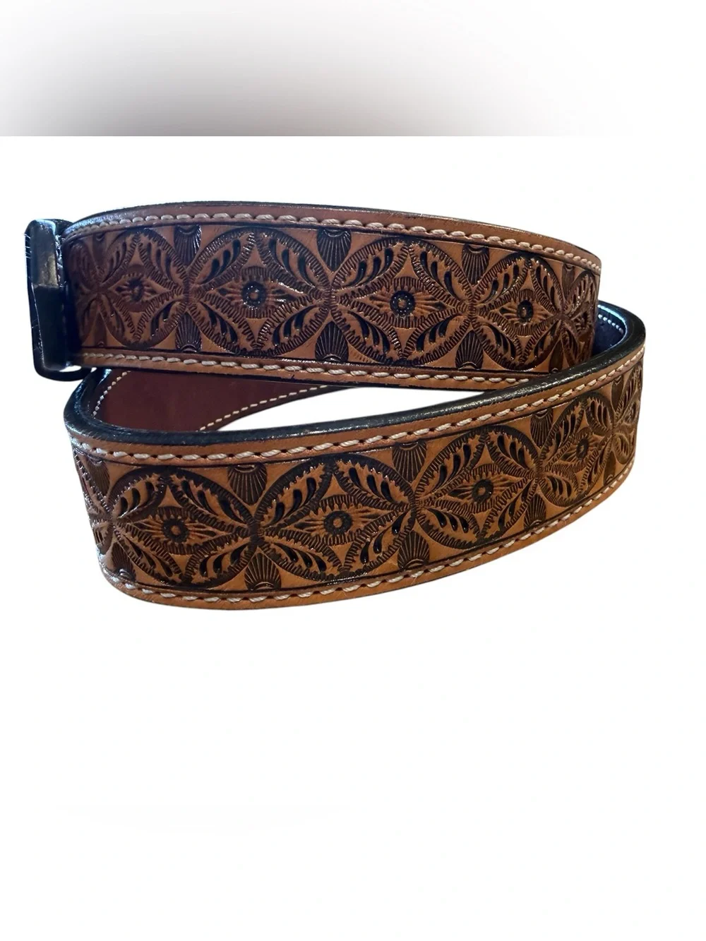 Hand-Tooled Brown Leather Men's 38 Belt with Decorative Silver Buckle